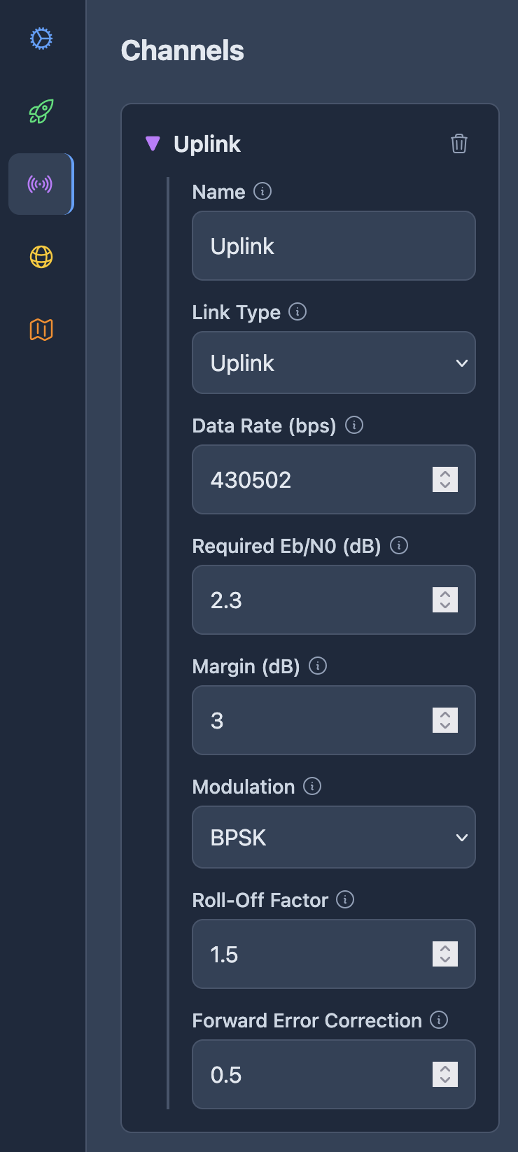 A screenshot of the communications channel configuration