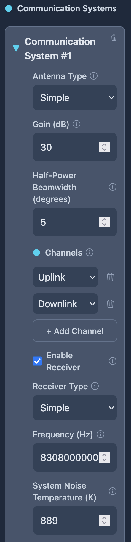 A screenshot of the communication system configuration
