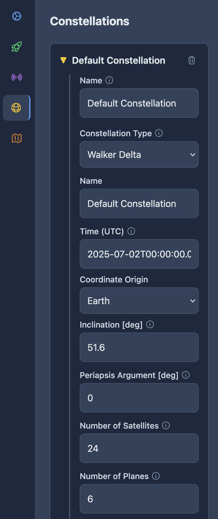 A screenshot of the constellation configuration